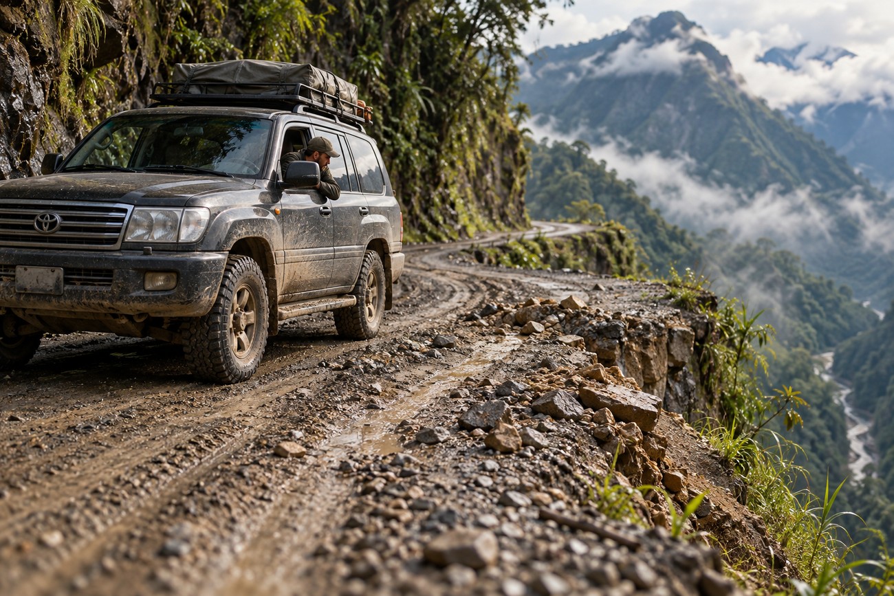 A muddy Toyota Land Cruiser driving along the dangerous narrow cliffside path of Bolivia's Death Road with mountain views