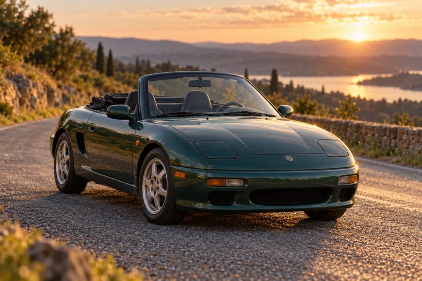Dark green Kia Elan convertible parked on a winding coastal road at sunset