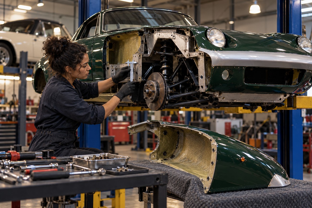 A female mechanic in black overalls using a caliper to measure the chassis of a green Kia Elan lifted in a workshop