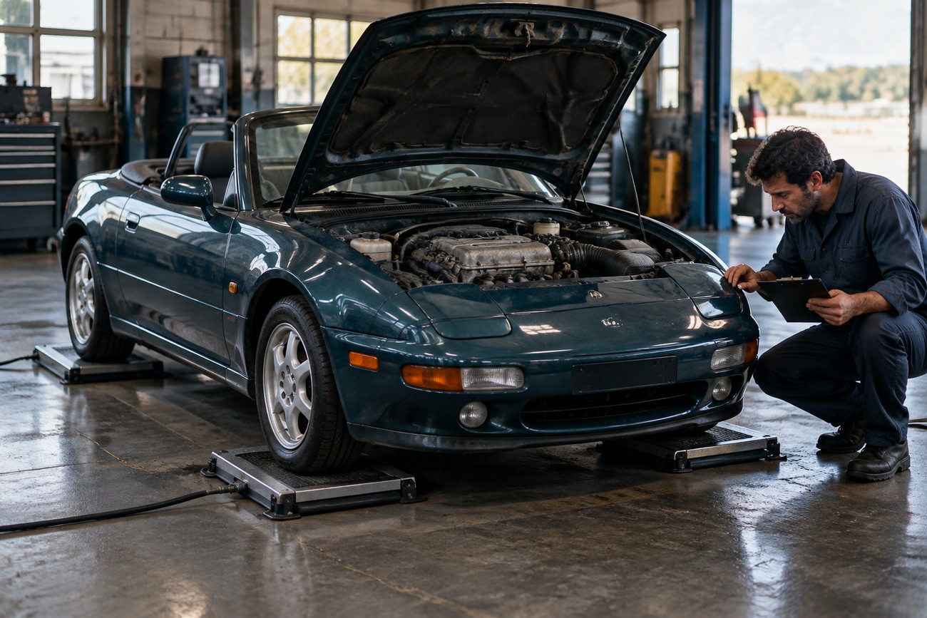 A mechanic in a blue uniform holds a clipboard while inspecting a dark green Kia Elan sports car with its hood open inside a repair shop