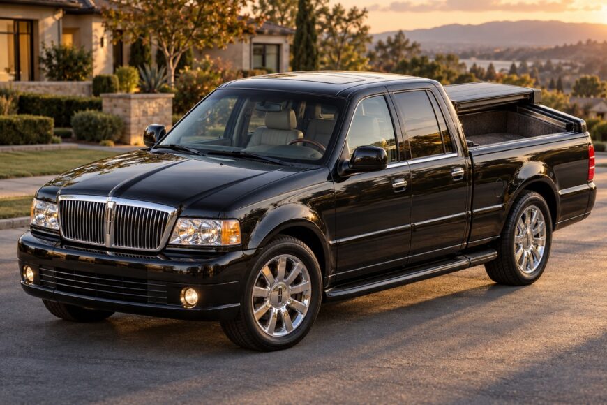 Black Lincoln Blackwood luxury pickup truck parked on a suburban street during sunset with a carpeted truck bed visible