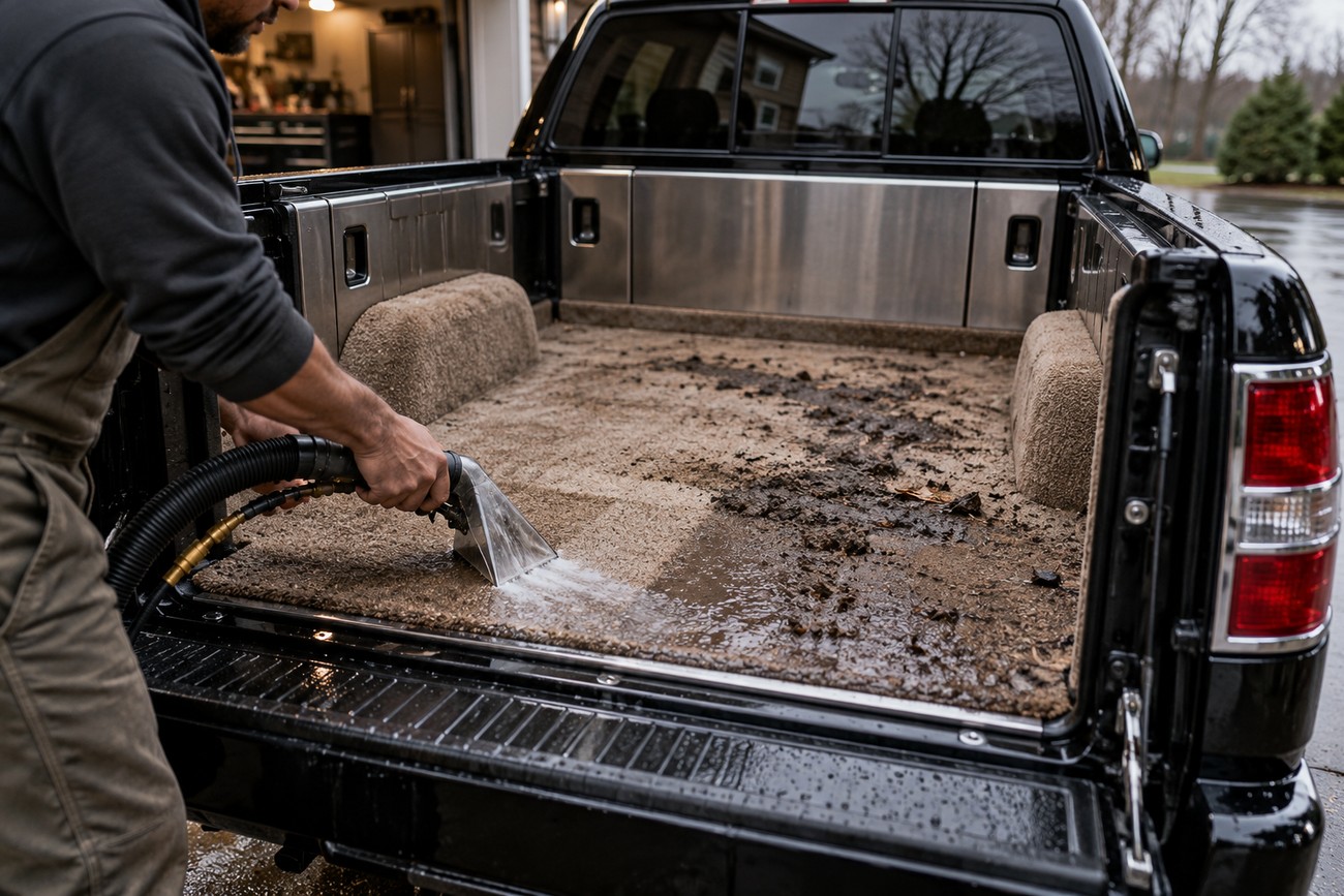A person using a wet vacuum extractor to clean mud from the carpeted bed of a black Lincoln Blackwood luxury truck