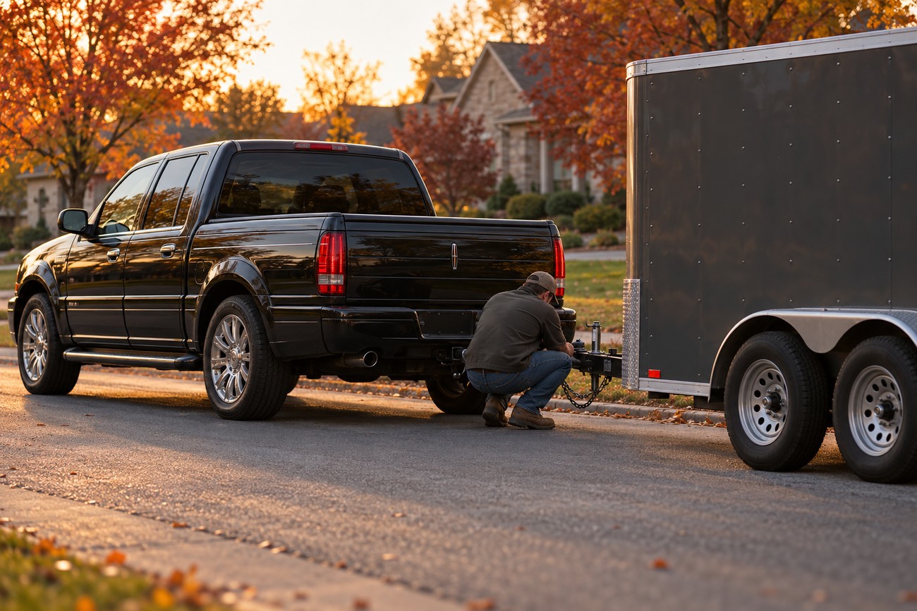 A man crouching to connect a cargo trailer to the hitch of a black Lincoln Blackwood luxury truck on a suburban street