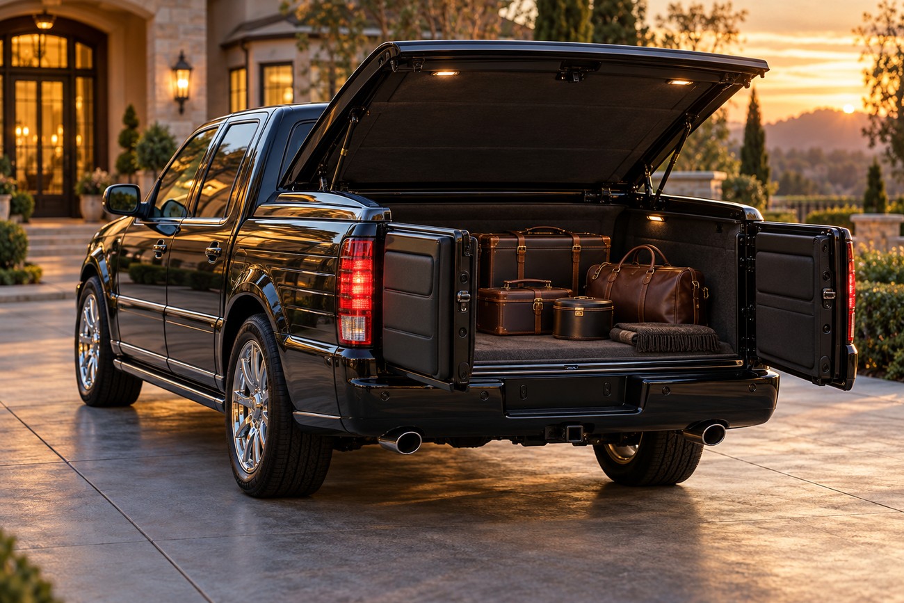 Black Lincoln Blackwood luxury truck with open bed and trunk containing leather suitcases parked outdoors during sunset