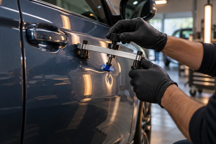A technician wearing black gloves adjusting a bridge glue puller tool on a grey car door to remove a dent