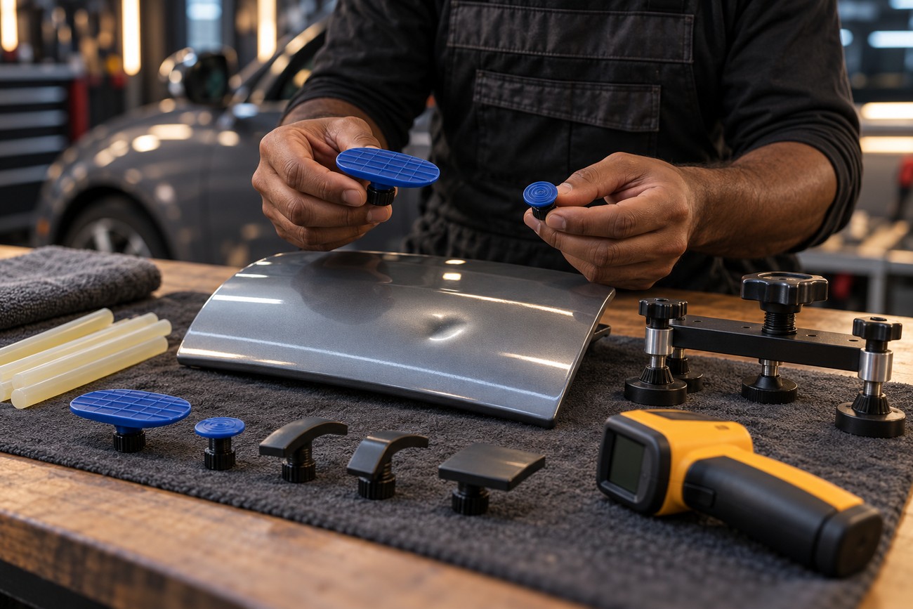 A mechanic in a workshop holding glue puller tabs next to a dented car panel and PDR equipment on a workbench