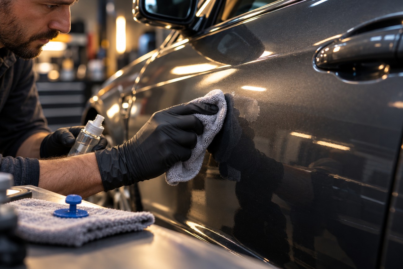 Mechanic in black gloves cleaning a car door with a microfiber cloth and spray