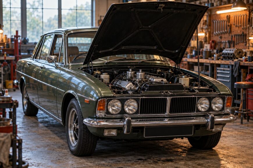 Classic green Rover P6 3500 sedan with open hood revealing the engine inside a vintage workshop