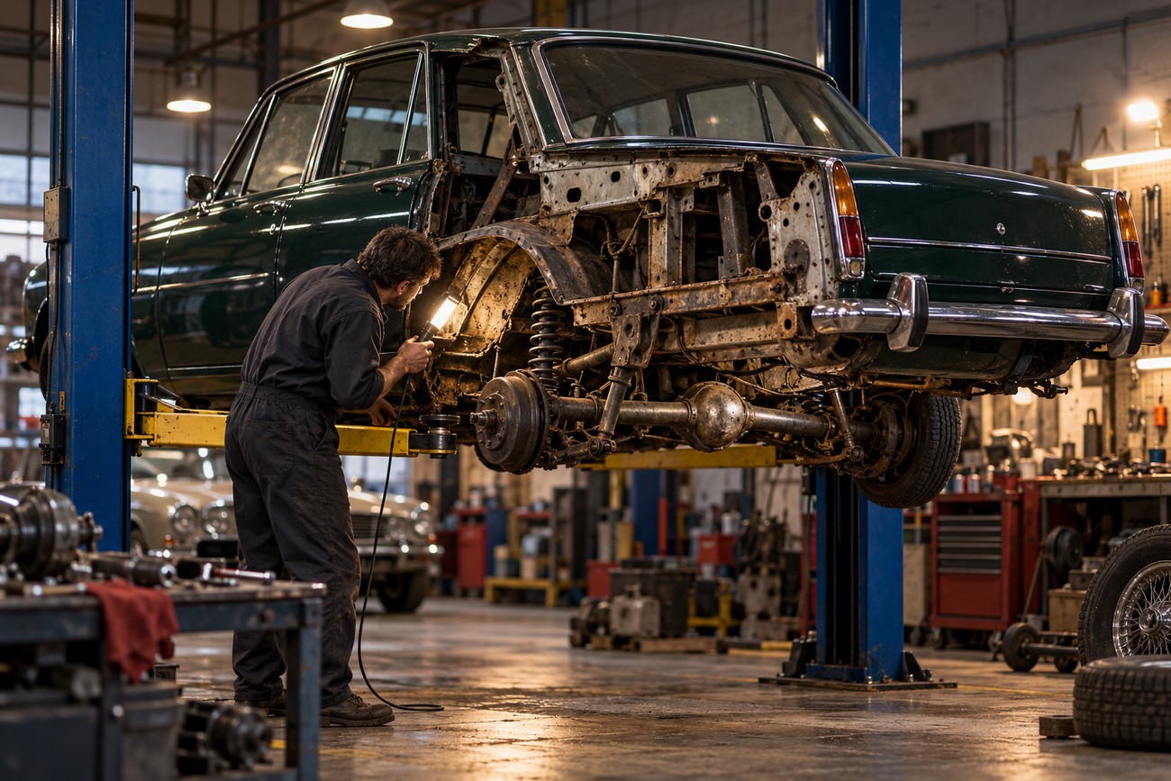 A mechanic holding a work light and inspecting the exposed rear suspension and chassis of a classic dark green Rover P6 3500 raised on a hydraulic lift in a garage workshop