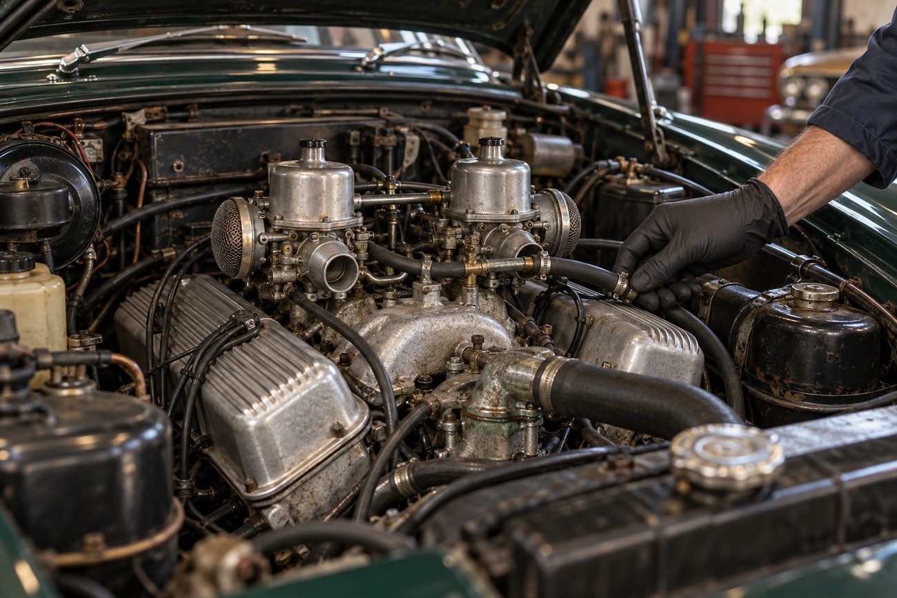 A mechanic wearing black gloves inspects the twin carburetor V8 engine under the hood of a classic green Rover P6 3500 sedan