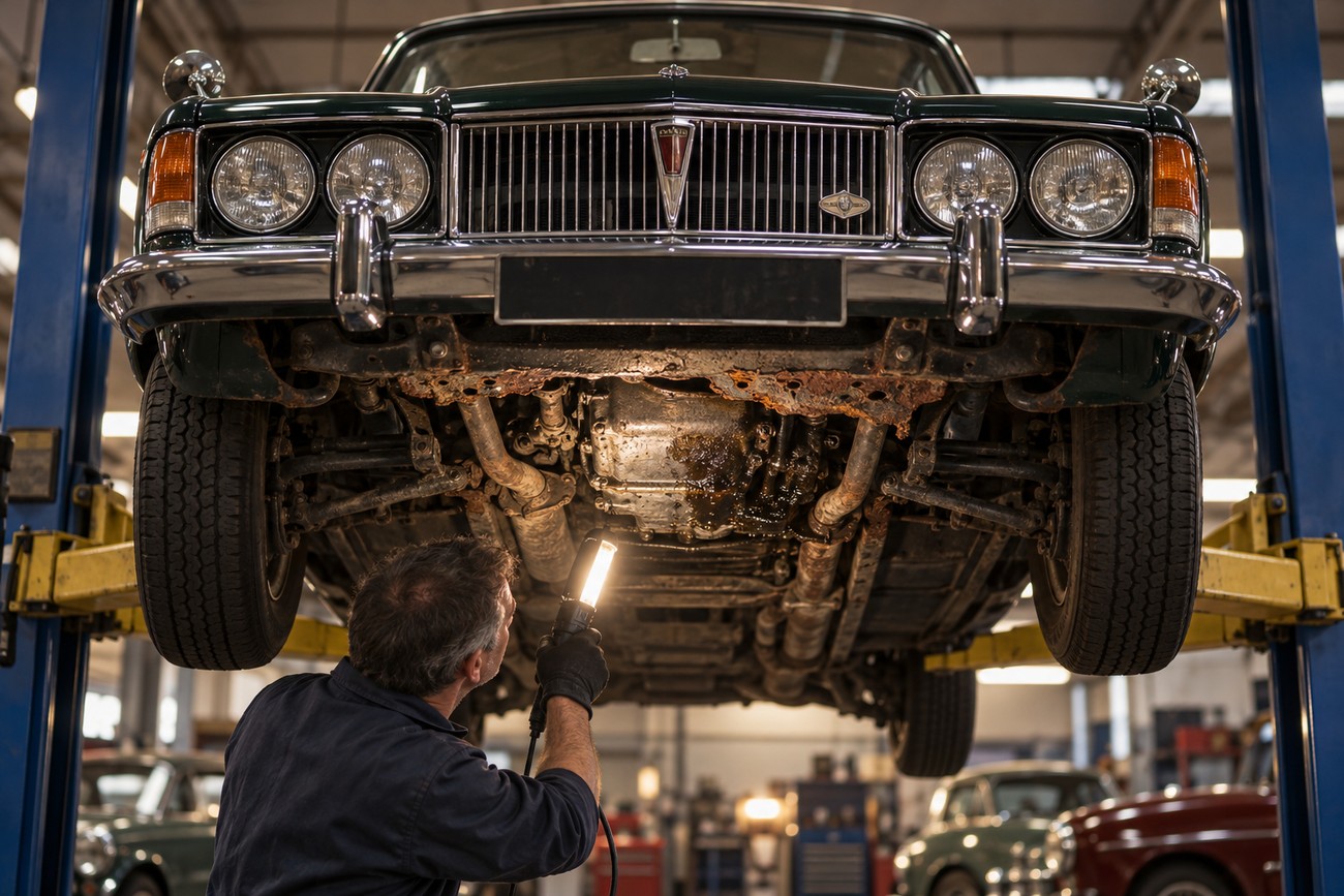 Mechanic holding a work light inspecting the rusty undercarriage of a classic Rover P6 3500 sedan on a hydraulic lift