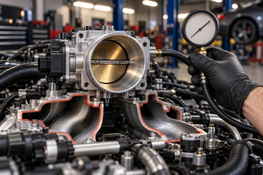 Mechanic in black gloves checking pressure on a high performance throttle body and intake manifold in an auto repair shop