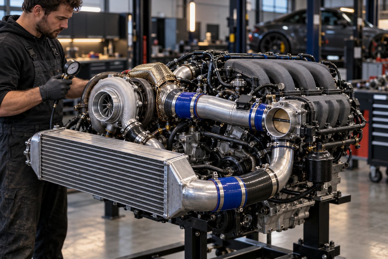 Mechanic in a workshop inspecting a high-performance engine featuring an upgraded throttle body and turbocharger setup