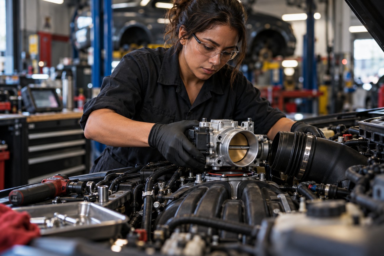 Female mechanic wearing safety glasses and gloves installing a throttle body upgrade into a car engine