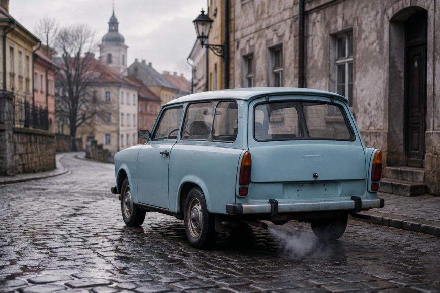 Light blue Trabant 601 station wagon with Duroplast body parked on a wet cobblestone street while emitting two-stroke exhaust smoke