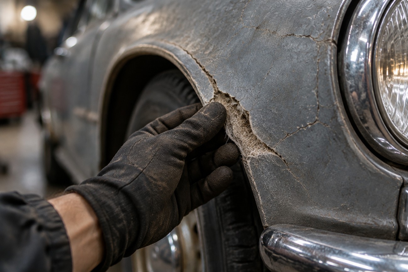 A mechanic in a dark glove inspects the cracked Duroplast front fender of a classic Trabant 601 car