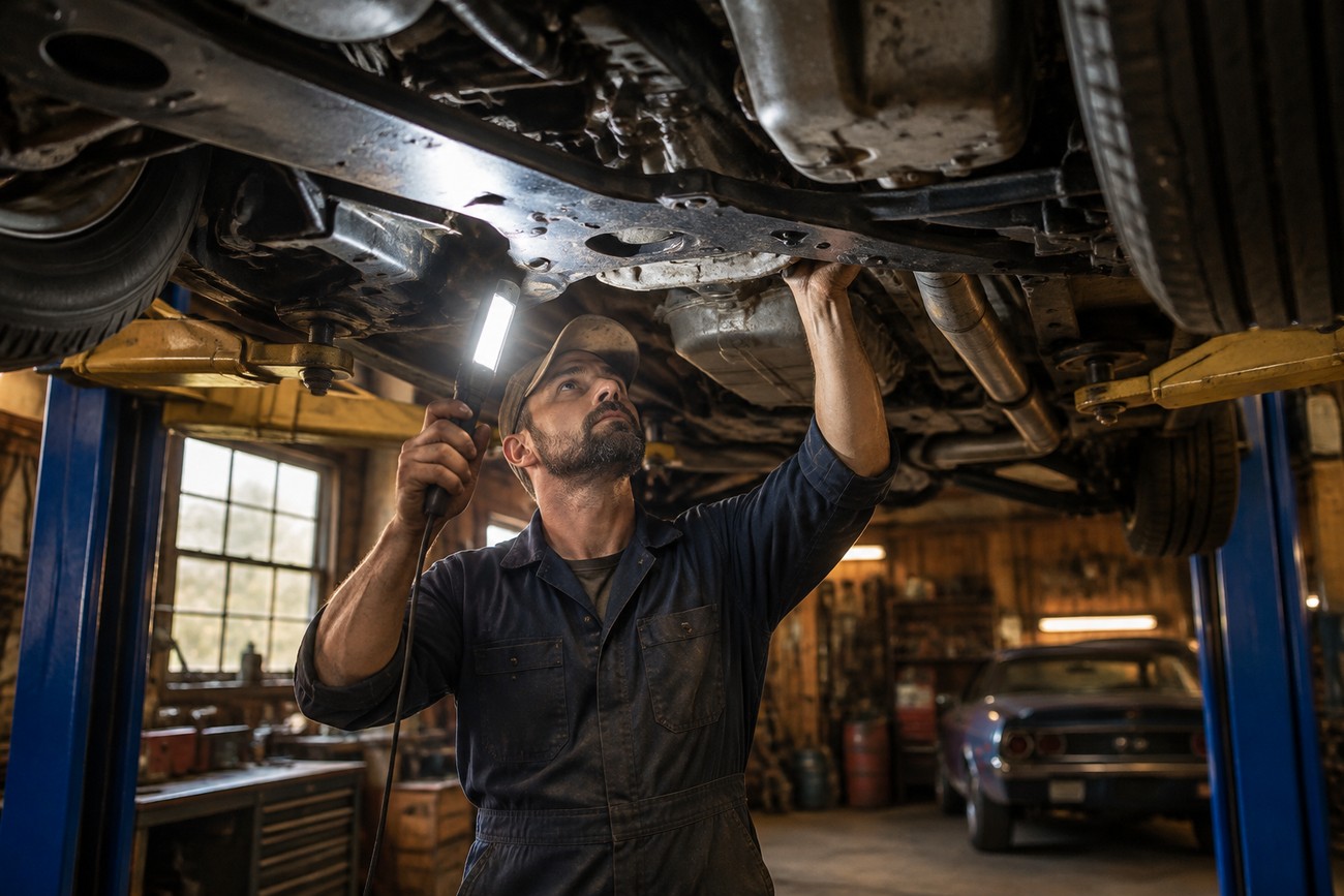 Mechanic in overalls holding a work light while inspecting the undercarriage of a Trabant 601 on a hydraulic lift in a garage