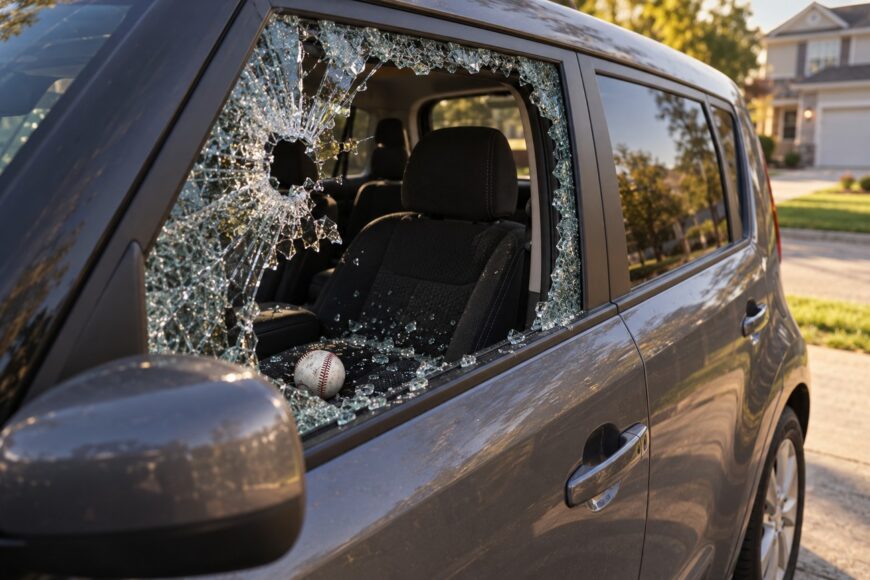 A baseball lies on the front seat of a grey Kia Soul surrounded by shattered glass from the broken driver-side window