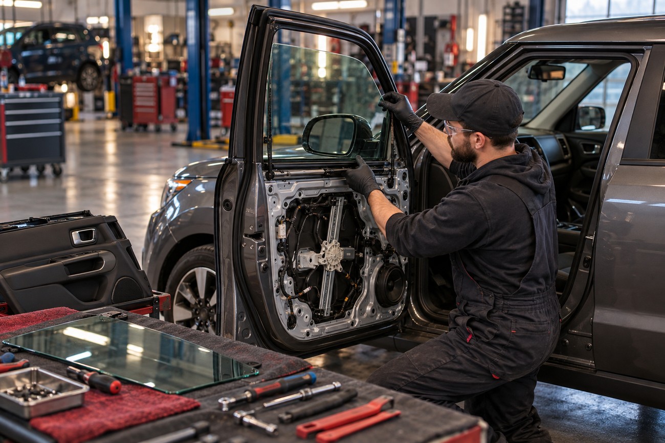 Auto mechanic in uniform installing a new side window on a Kia Soul in a repair shop