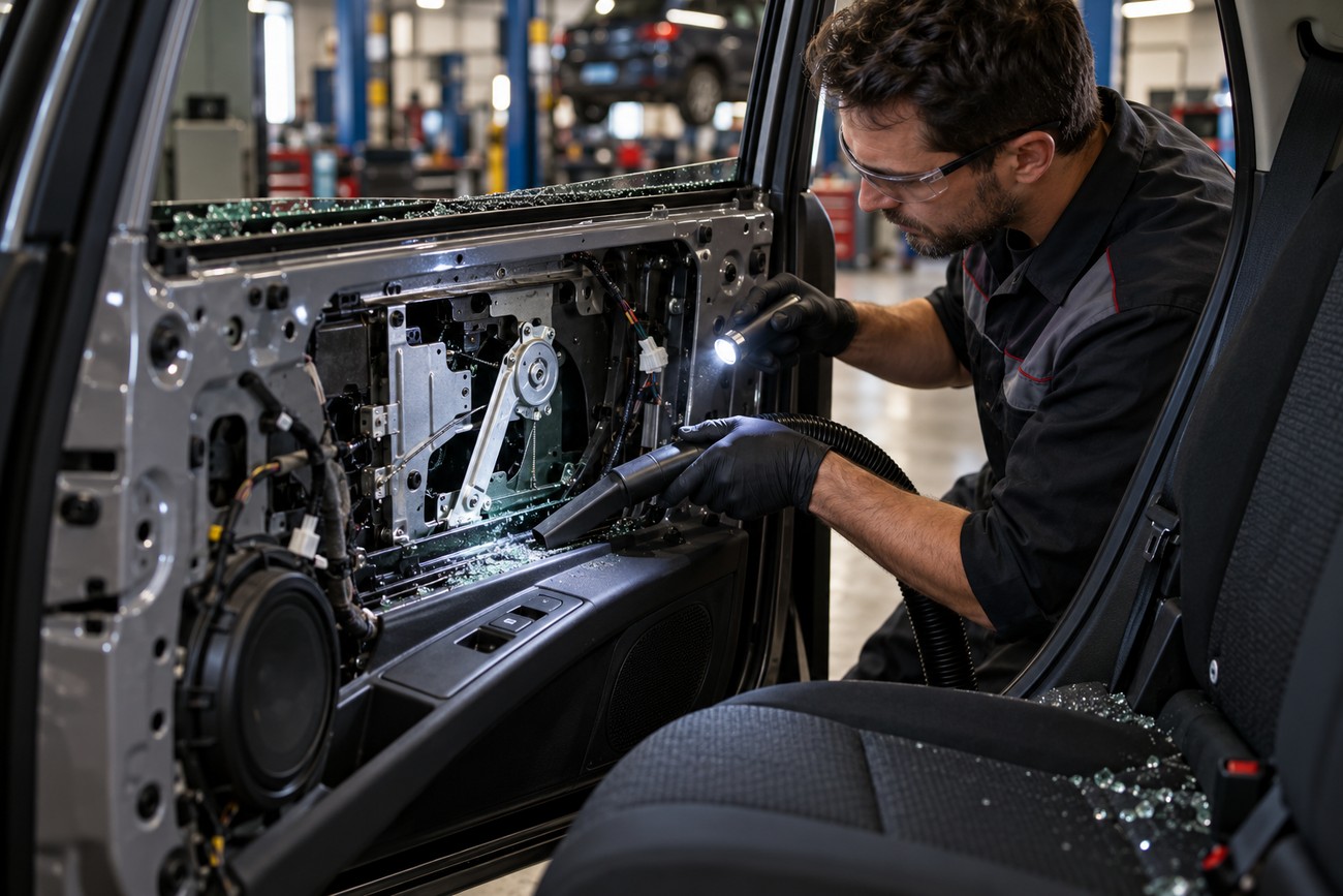 An auto mechanic using a vacuum and flashlight to remove shattered glass from the inside of a Kia Soul door