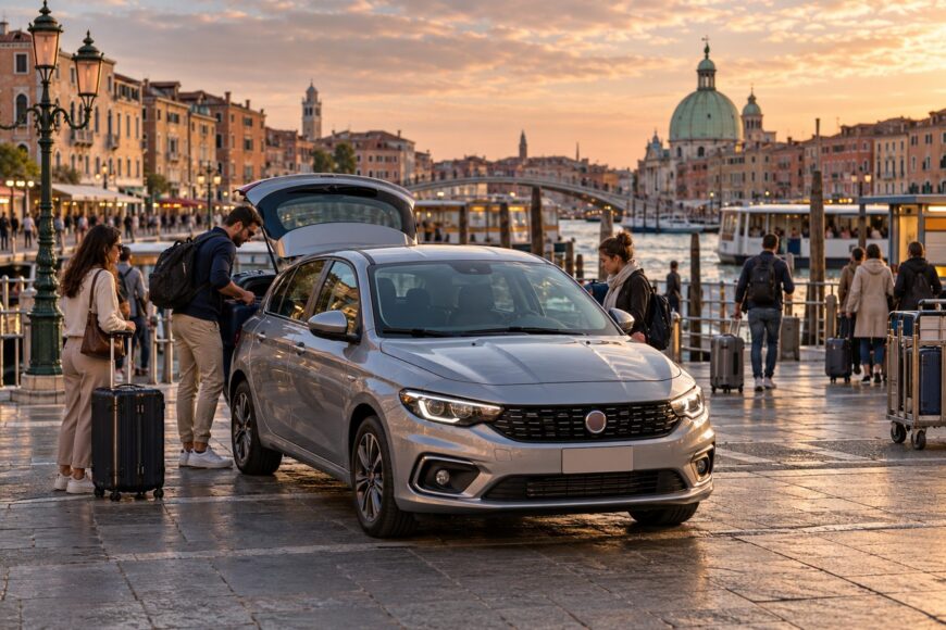 A couple unloading luggage from the open trunk of a silver Fiat Tipo parked by a Venetian canal at sunset