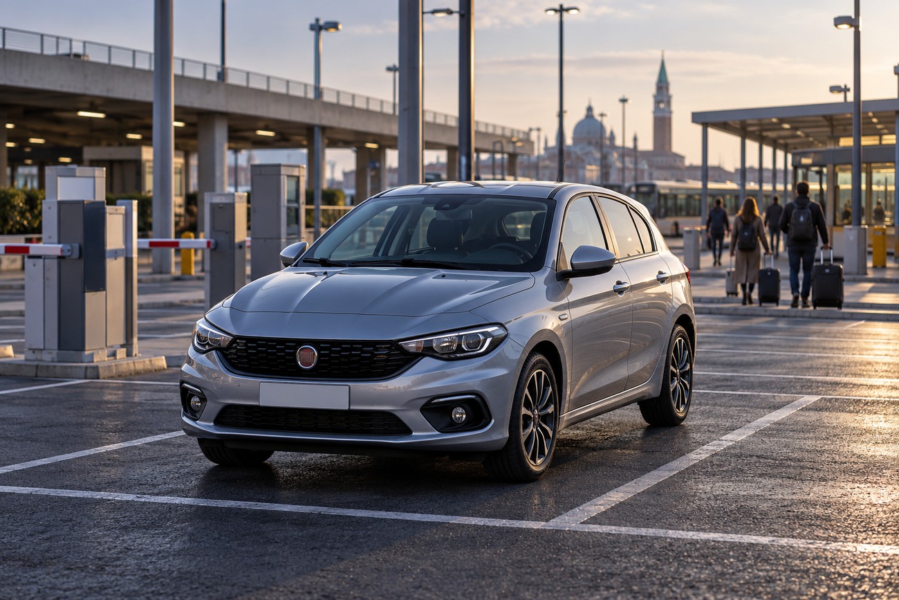 A silver Fiat Tipo parked in a modern parking lot near Venice with distant city landmarks at sunset