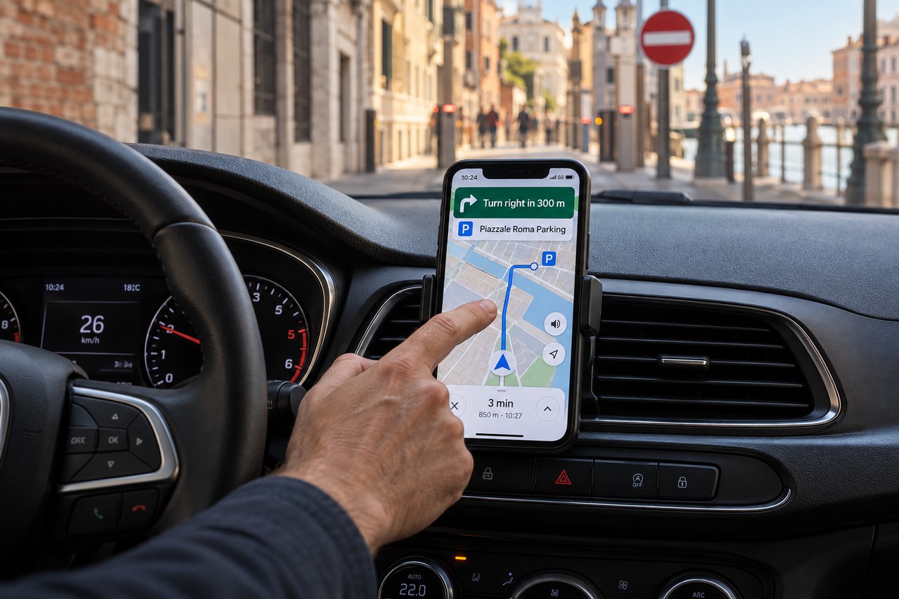 Driver using a smartphone GPS navigation app mounted on the dashboard of a Fiat Tipo to find a parking lot in Venice