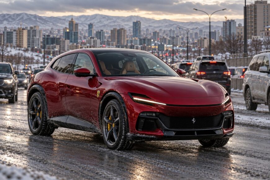 A red Ferrari Purosangue luxury crossover driving on a snowy street in Ulaanbaatar with distant buildings and mountains
