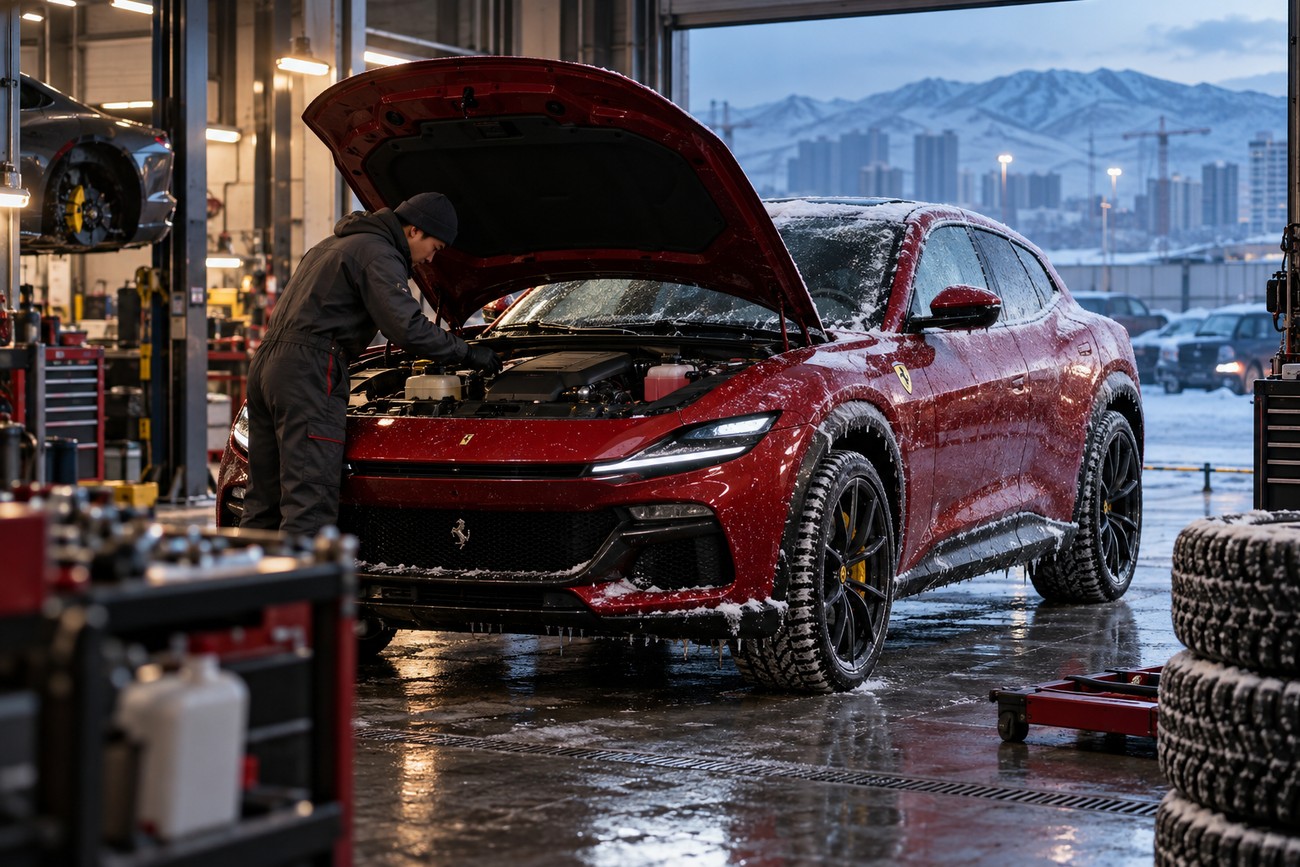 A mechanic in overalls inspects the open engine bay of a red Ferrari Purosangue covered in snow inside a service garage with Ulaanbaatar cityscape in the background