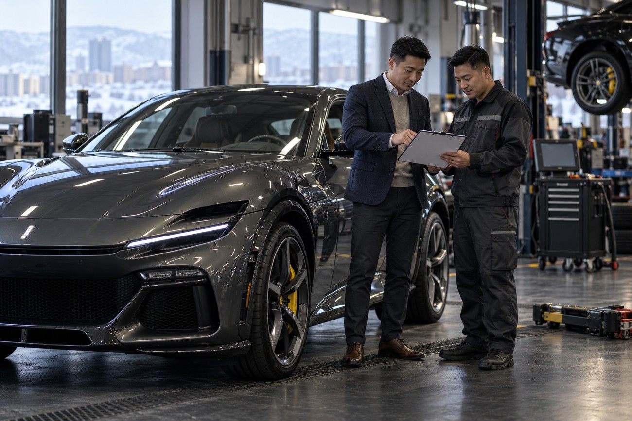 A mechanic and a manager discussing maintenance checklist next to a dark grey Ferrari Purosangue in a service garage