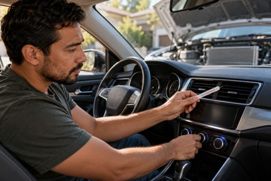 A man sitting in the driver seat checks the temperature of the air coming from the dashboard vent using a thermometer
