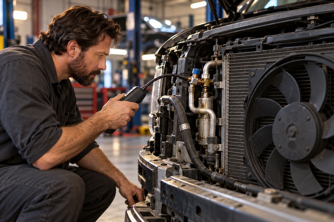 A mechanic inspecting the car air conditioning condenser and refrigerant lines with a leak detector tool in a workshop