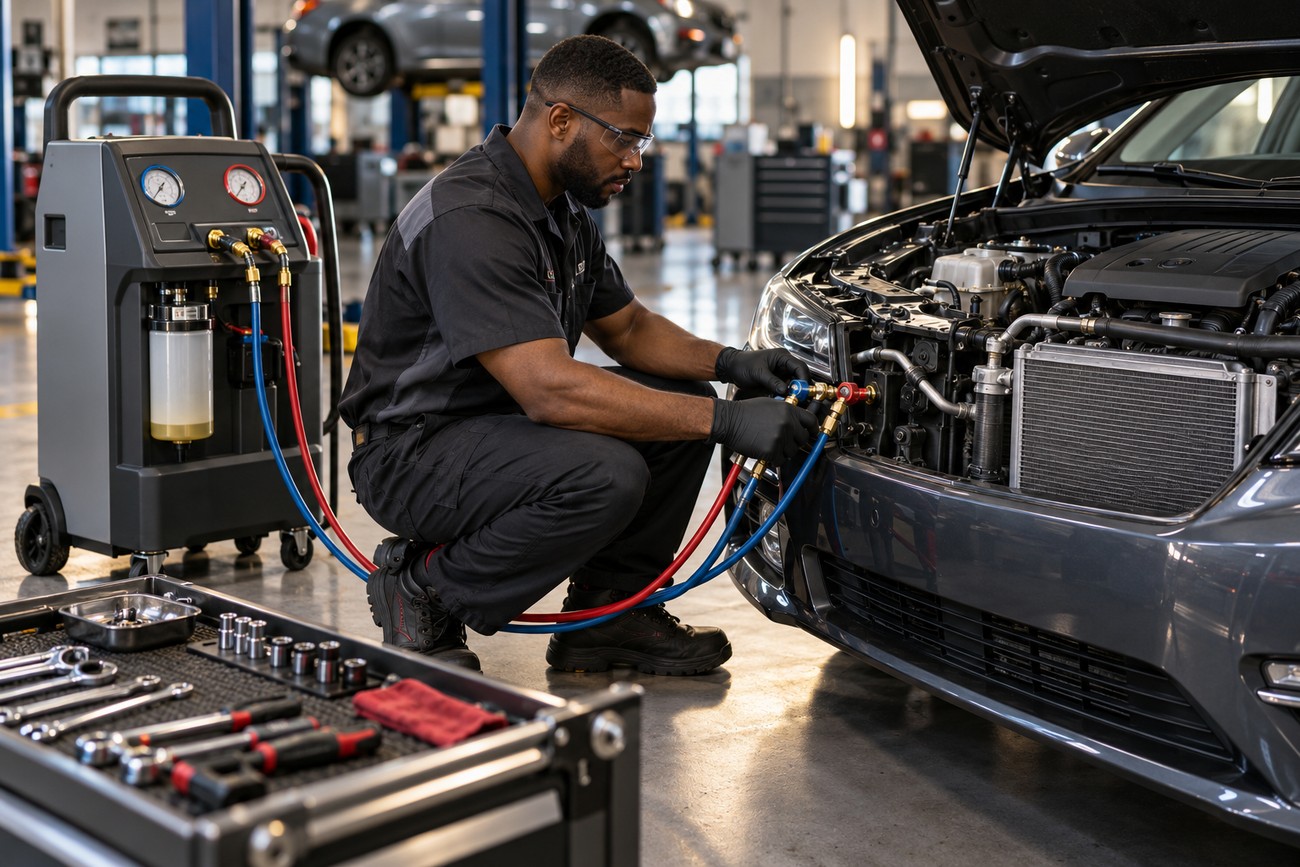 A mechanic in protective glasses connects hoses of an AC recovery machine to a car engine bay in a repair shop
