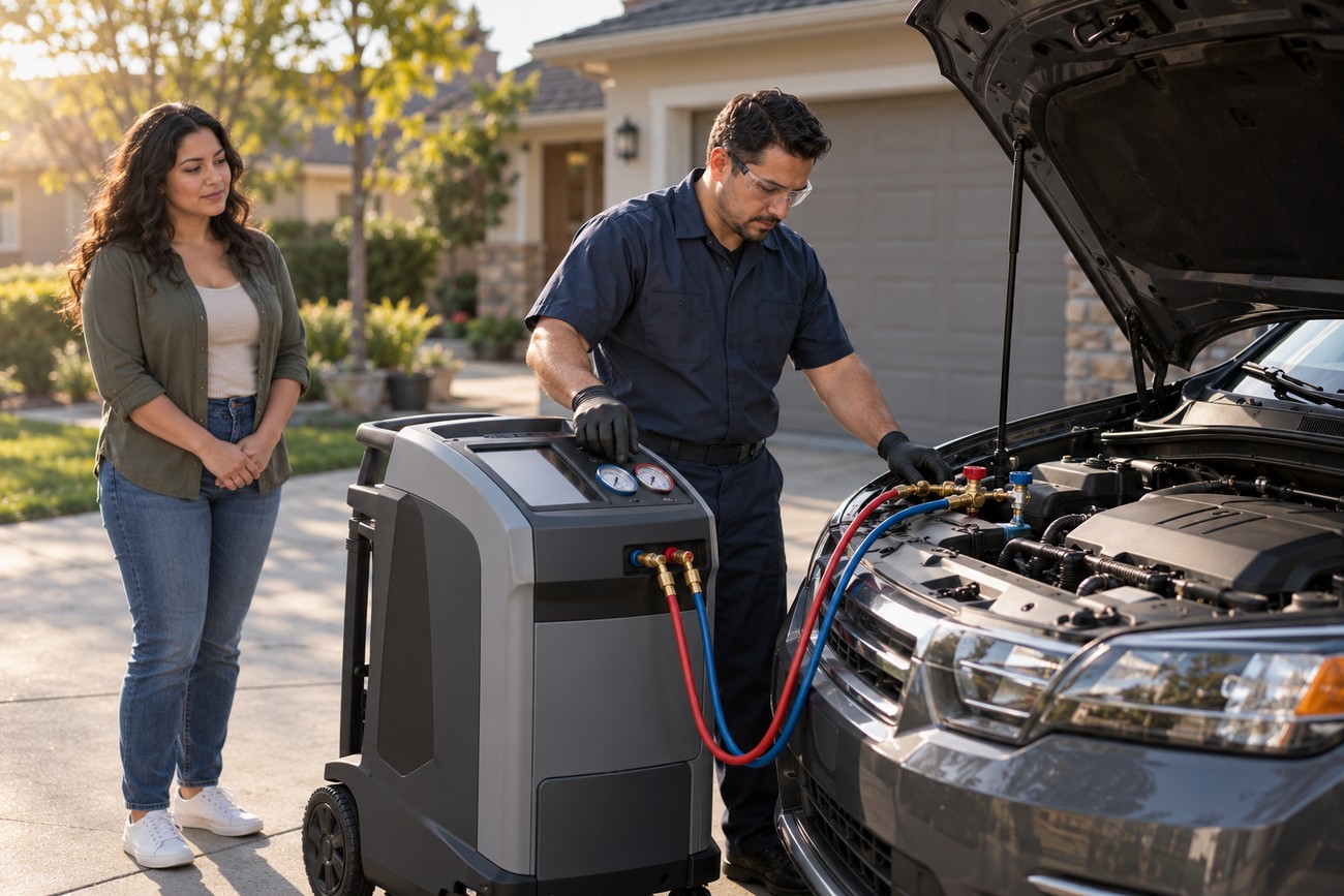 Mechanic in uniform connecting manifold gauges of an AC recovery machine to a car engine while a woman watches
