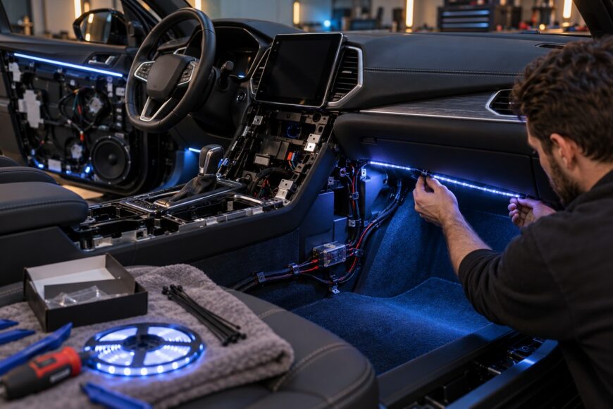 Mechanic installing blue LED strip lighting under the dashboard of a modern car interior