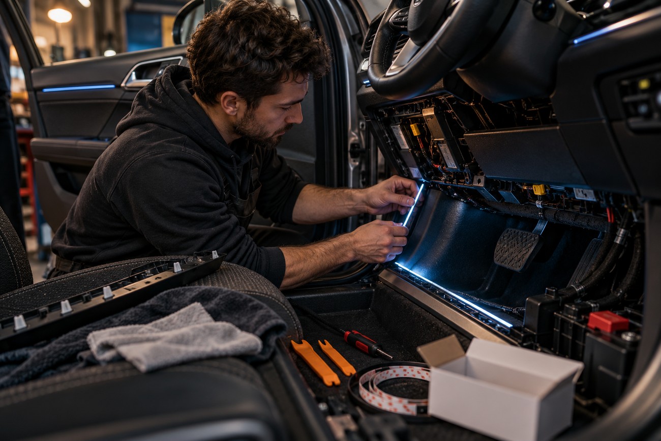 Mechanic installing a bright blue LED interior lighting strip under the dashboard of a car