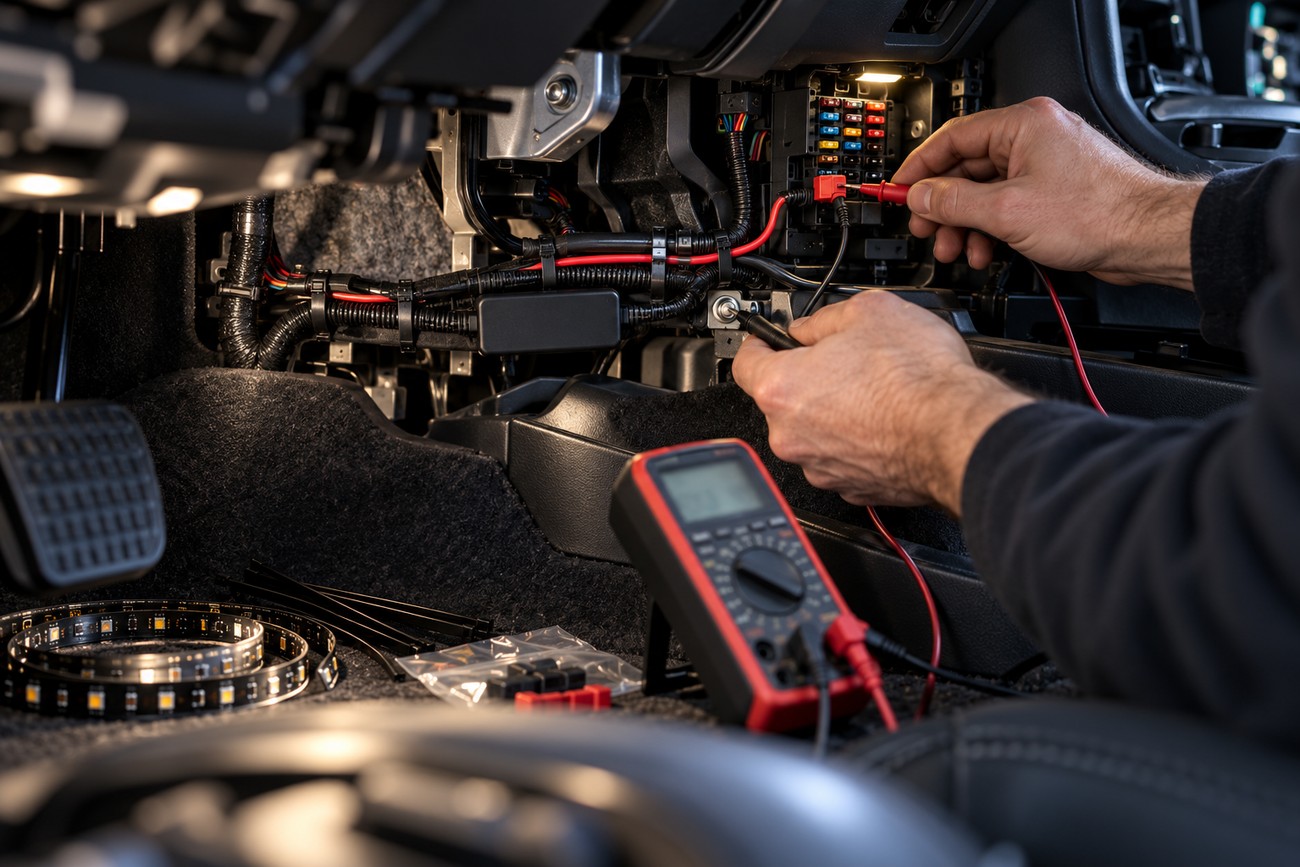 Mechanic testing car fuse box and wiring with a multimeter during LED interior lighting installation