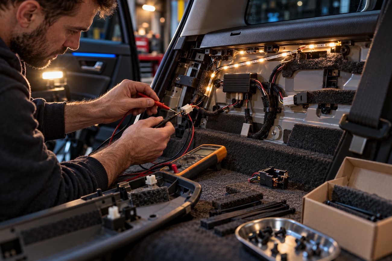 Mechanic testing wiring with a multimeter during LED interior lighting installation in a car trunk