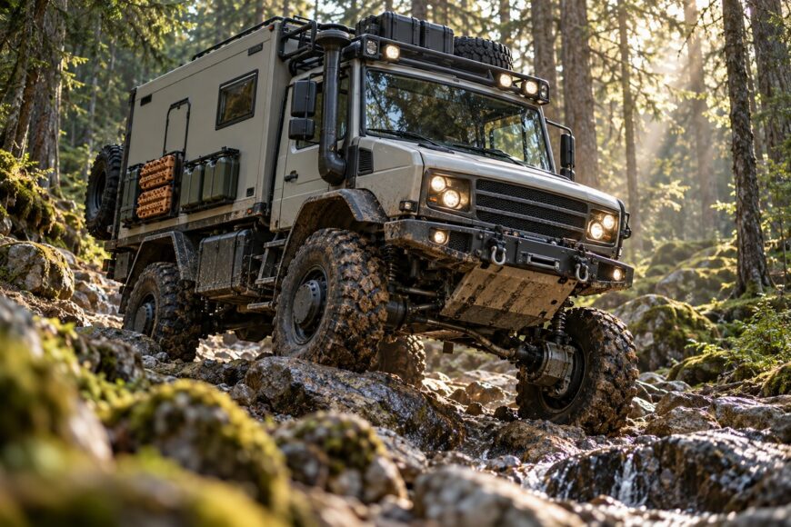 A heavily modified grey Mercedes Unimog camper truck driving over rocks and mud in a pine forest