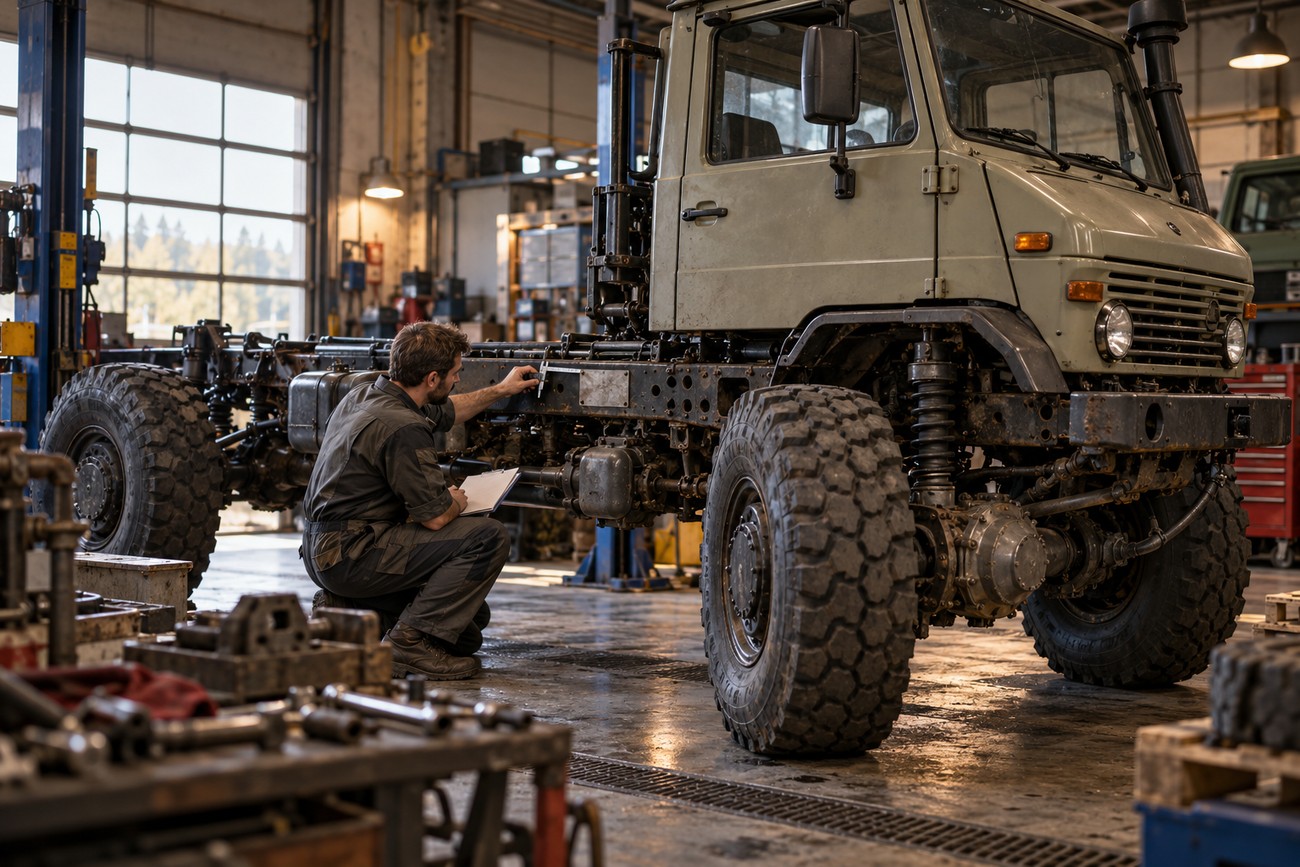 Mechanic measuring the metal chassis frame of a Mercedes Unimog truck in a workshop