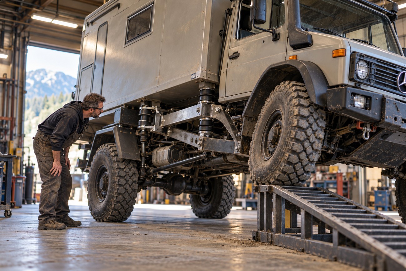 A mechanic in work overalls inspects the heavy-duty suspension of a Mercedes Unimog camper raised on metal ramps in a garage