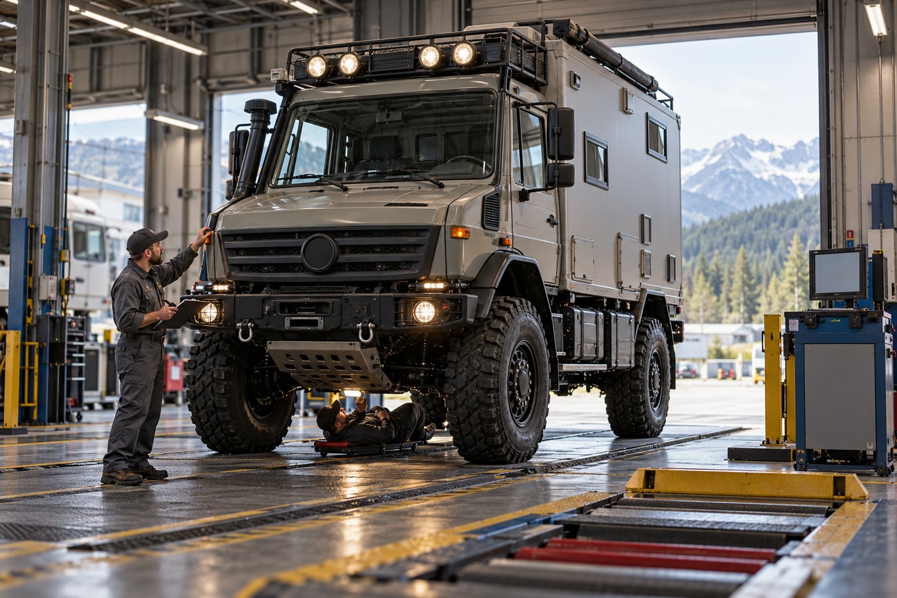 Mechanic standing and another mechanic working underneath a large grey Mercedes Unimog expedition camper in a bright service garage