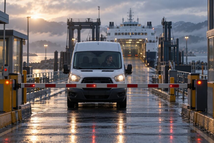 A white Ford Transit van stopped by a closed barrier gate at a wet ferry terminal with the ferry in the background