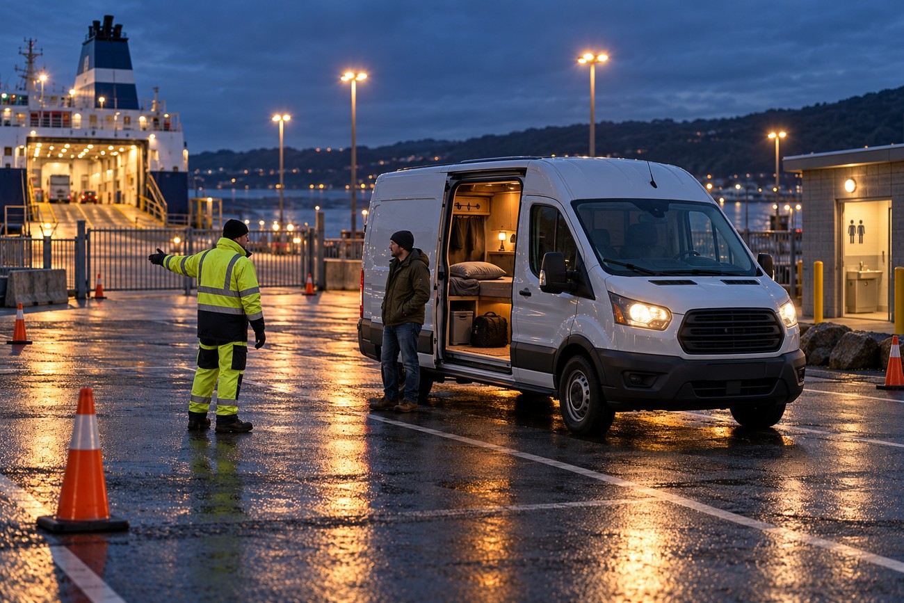 A man standing next to a white Ford Transit campervan at a harbor parking lot while a port worker in high visibility jacket points away from a parked ferry at dusk