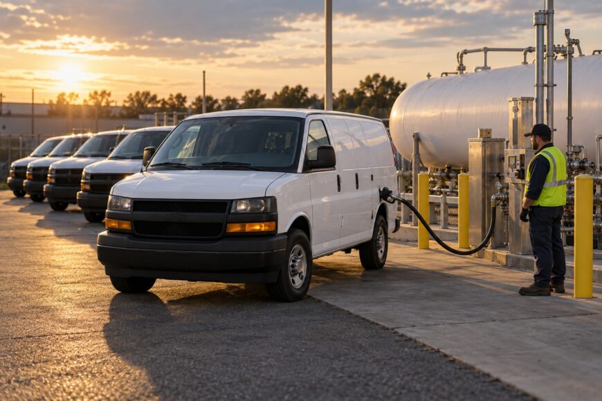 A worker in a safety vest refuels a white Chevy Express van at a commercial propane station at sunset