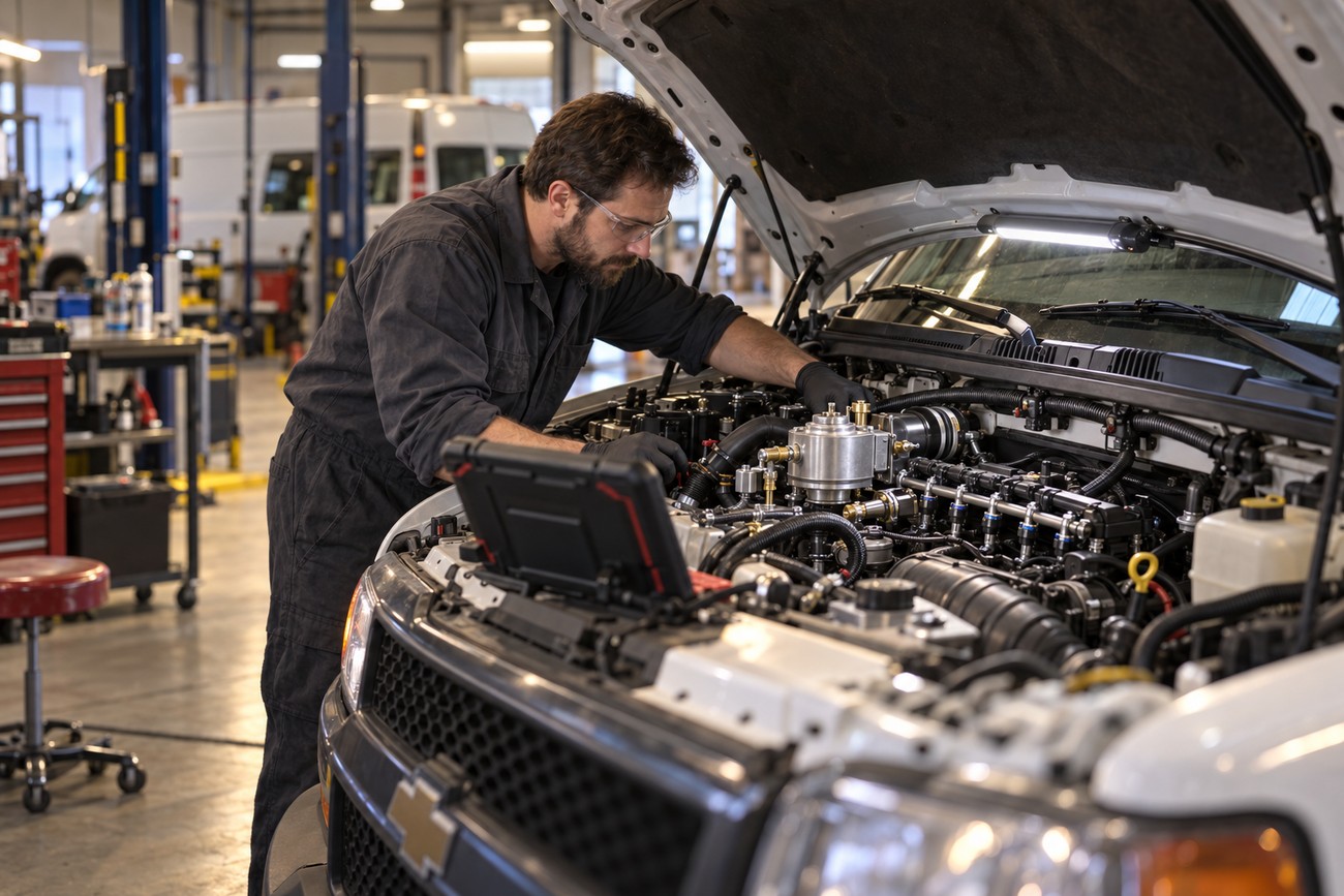 Mechanic wearing safety glasses and coveralls working on the propane conversion system under the hood of a white Chevy Express van in an auto repair shop