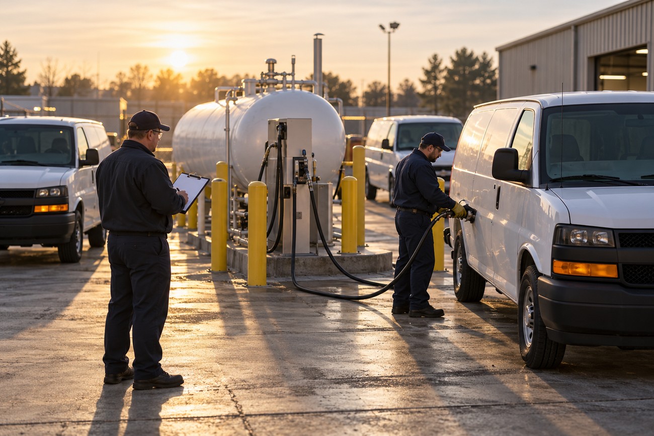 A technician in uniform connects a propane hose to a white Chevy Express van at an outdoor fueling station at sunset