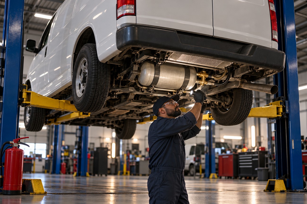 Mechanic in dark overalls inspecting a propane fuel tank mounted under a lifted Chevy Express van in a service garage