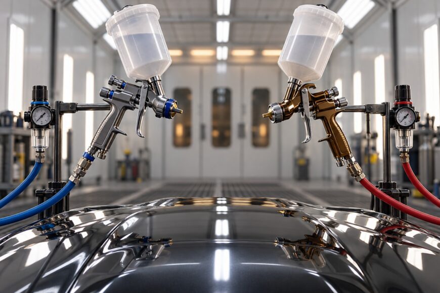 Two professional spray guns with gravity cups and air regulators mounted on stands facing each other above a shiny automotive panel inside a bright paint booth