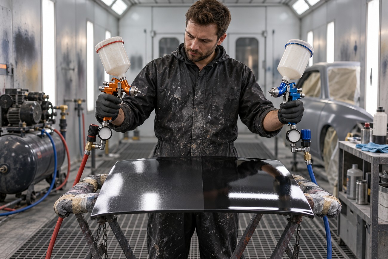 A professional painter holding two spray guns and comparing the clear coat finish on a car panel inside a booth